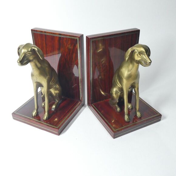 Brass & Wood Dog Bookends Statue Vintage Greyhound Whippet - Picture 8 of 12